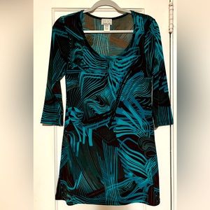 Eighteen Thirty,  teal and brown swirl, long, scoop neck top. Size S